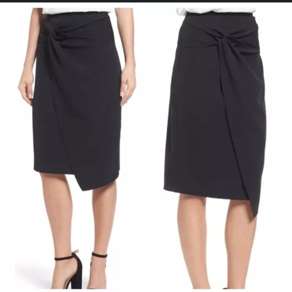 NWT Twist Front knee length asymmetrical black pencil skirt Sz L - Picture 1 of 11